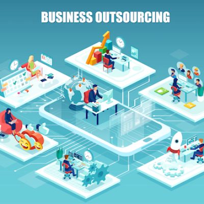Global outsourcing, distributed team, freelance job.concept. Vector of company employee working in different offices managed remotely by a leader.